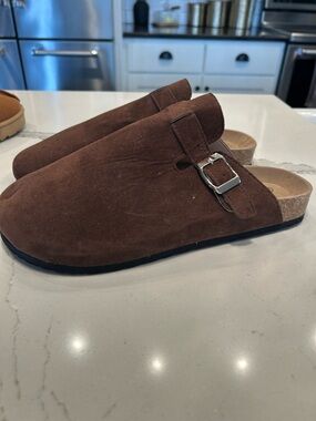 Brown unisex Suede Slip-On Clog with Buckle